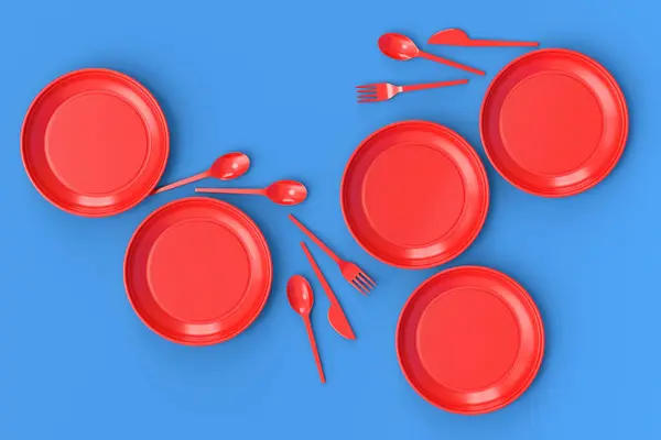 Set of disposable utensils like plate, folk, spoon,knife and cup on monochrome background. 3d render concept of save the earth and zero waste