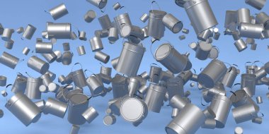 Mavi arka planda bir sürü uçan metal kutu ya da kova var. 3D yenileme konsepti ve iç tasarım