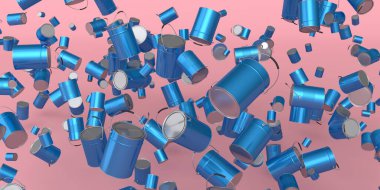 Pembe arka planda bir sürü uçan metal kutu ya da kova var. 3D yenileme konsepti ve iç tasarım