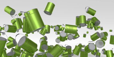 Beyaz arka planda bir sürü uçan metal kutu ya da kova var. 3D yenileme konsepti ve iç tasarım