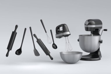 Beyaz arka planda hamur hazırlamak için mutfak gereçleriyle karıştırıcı ve metal kase. Aşçılık, harmanlama ve karıştırma için 3D pişirme süreci adım adım ve aksesuarları