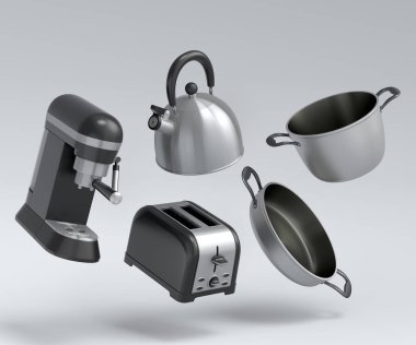 Beyaz arka planda kahvaltı hazırlamak için elektrikli mutfak aletleri ve aletleri. Pişirme, pişirme, karıştırma ve kırbaçlama için 3D mutfak gereçleri