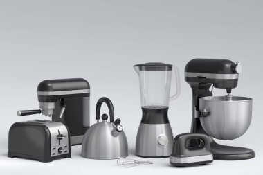 Beyaz arka planda kahvaltı hazırlamak için elektrikli mutfak aletleri ve aletleri. Pişirme, pişirme, karıştırma ve kırbaçlama için 3D mutfak gereçleri