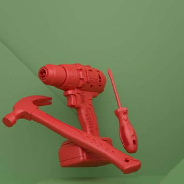 Tek renkli arka planda marangoz aletleri olan soyut sahne ya da podyum. Sahne 3 boyutlu sunum sunum marangoz aracı sahne, kaide veya platform onarımı ve inşası için