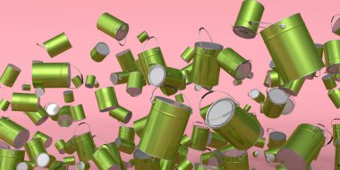 Pembe arka planda bir sürü uçan metal kutu ya da kova var. 3D yenileme konsepti ve iç tasarım