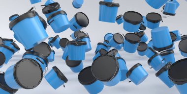 Beyaz arka planda uçan plastik kutular ya da kovalar var. 3D yenileme konsepti ve iç tasarım