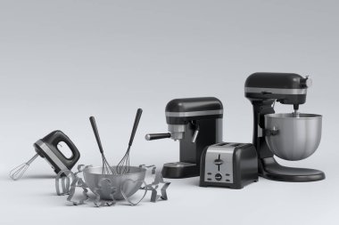 Beyaz arka planda hamur hazırlamak için mutfak gereçleriyle karıştırıcı ve metal kase. Aşçılık, harmanlama ve karıştırma için 3D pişirme süreci adım adım ve aksesuarları