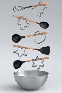 Beyaz arka planda karıştırma, karıştırma ve kurabiye kesme aleti olan metal kâse. Yemek pişirme, karıştırma ve karıştırma için ev mutfak aletleri ve aksesuarları 3D hazırlama
