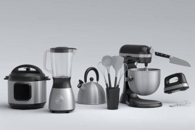 Beyaz arka planda kahvaltı hazırlamak için elektrikli mutfak aletleri ve aletleri. Pişirme, pişirme, karıştırma ve kırbaçlama için 3D mutfak gereçleri