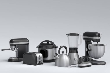 Beyaz arka planda kahvaltı hazırlamak için elektrikli mutfak aletleri ve aletleri. Pişirme, pişirme, karıştırma ve kırbaçlama için 3D mutfak gereçleri