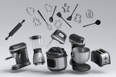 Beyaz arka planda kahvaltı hazırlamak için elektrikli mutfak aletleri ve aletleri. Pişirme, pişirme, karıştırma ve kırbaçlama için 3D mutfak gereçleri