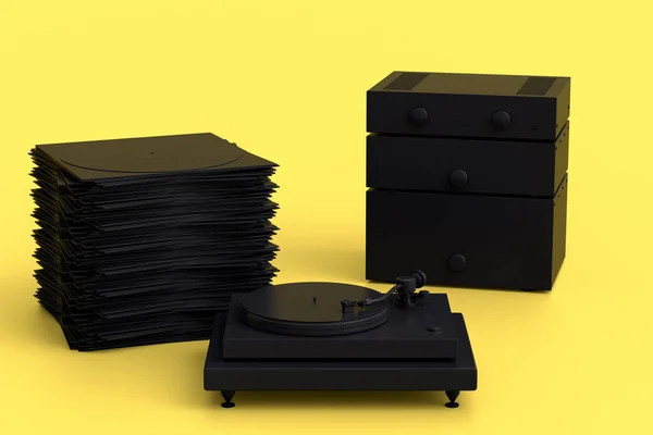 Set of Hi-fi speakers with loudspeakers and DJ turntable with vinyl LP record on heap on monochrome background. 3d render audio equipment like boombox and vinyl record player for recording studio