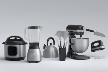 Beyaz arka planda kahvaltı hazırlamak için elektrikli mutfak aletleri ve aletleri. Pişirme, pişirme, karıştırma ve kırbaçlama için 3D mutfak gereçleri