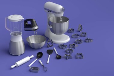 Mixer and metal bowl with kitchen utensil for preparation of dough on violet background. 3d render cooking process step by step and accessories for cooking, blending and mixing