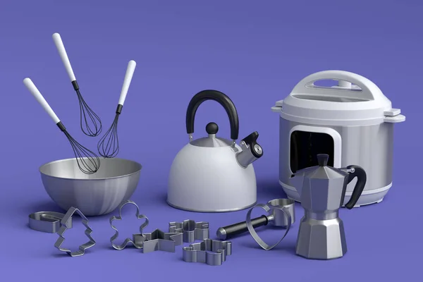 Espresso coffee machine, hand mixer, kettle and toaster for preparing breakfast on violet background. 3d render of coffee pot for making latte coffee