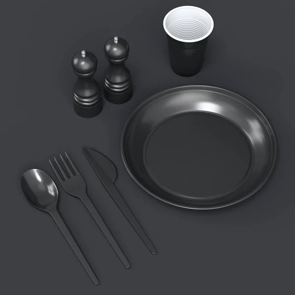 一套一次性餐具 如盘子 杯和胡椒 以及单色背景的盐磨坊 3D使拯救地球和零废物的概念 — 图库照片
