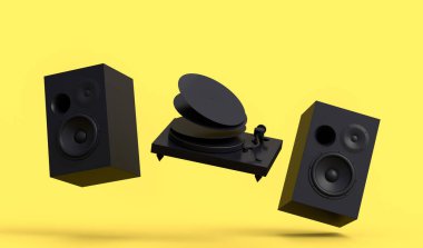 Hoparlörlü Hi-Fi hoparlörleri ve tek renkli arka planda DJ döner tablosu. Ses kayıt stüdyosu için müzik kutusu ve vinil plak çalar gibi 3D ses ekipmanları oluştur