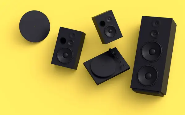 Set of Hi-fi speakers with loudspeakers and DJ turntable on monochrome background. 3d render audio equipment like boombox and vinyl record player for sound recording studio