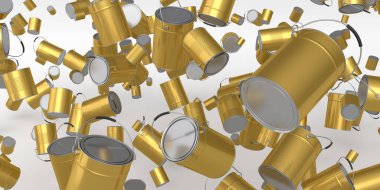 Beyaz arka planda bir sürü uçan metal kutu ya da kova var. 3D yenileme konsepti ve iç tasarım