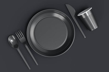 Tek renk arka planda tabak, kaşık, bıçak ve bardak gibi tek kullanımlık aletler. 3D dünyayı kurtarma ve sıfır atık kavramı