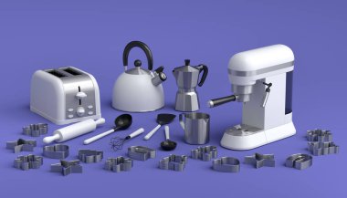 Espresso kahve makinesi, el mikseri, çaydanlık ve tost makinesi mor arka planda kahvaltı hazırlamak için. Kahve yapmak için 3D kahve demliği.