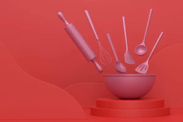 Абстрактная Сцена Трибуна Посудой Кухонной Утварью Монохромном Фоне Визуализация Сцены Лицензионные Стоковые Фото