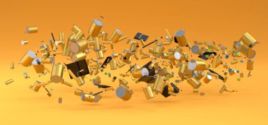 Birçok uçan metal teneke ya da boya silindirli kova turuncu arka planda fırçalanır. 3D yenileme konsepti ve iç tasarım