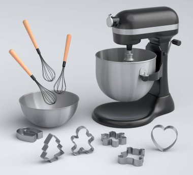 Beyaz arka planda hamur hazırlamak için mutfak gereçleriyle karıştırıcı ve metal kase. Aşçılık, harmanlama ve karıştırma için 3D pişirme süreci adım adım ve aksesuarları