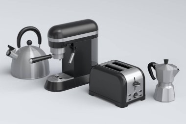 Espresso kahve makinesi, el mikseri, çaydanlık ve tost makinesi beyaz arka planda kahvaltı hazırlamak için. Kahve yapmak için 3D kahve demliği.