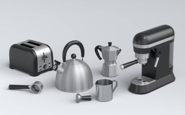 Espresso kahve makinesi, el mikseri, çaydanlık ve tost makinesi beyaz arka planda kahvaltı hazırlamak için. Kahve yapmak için 3D kahve demliği.