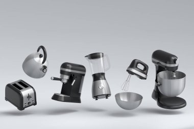 Beyaz arka planda kahvaltı hazırlamak için elektrikli mutfak aletleri ve aletleri. Pişirme, pişirme, karıştırma ve kırbaçlama için 3D mutfak gereçleri