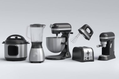 Beyaz arka planda kahvaltı hazırlamak için elektrikli mutfak aletleri ve aletleri. Pişirme, pişirme, karıştırma ve kırbaçlama için 3D mutfak gereçleri