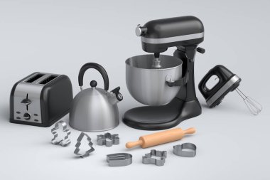 Beyaz arka planda hamur hazırlamak için mutfak gereçleriyle karıştırıcı ve metal kase. Aşçılık, harmanlama ve karıştırma için 3D pişirme süreci adım adım ve aksesuarları