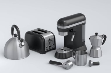 Espresso kahve makinesi, el mikseri, çaydanlık ve tost makinesi mavi arka planda kahvaltı hazırlamak için. Kahve yapmak için 3D kahve demliği.