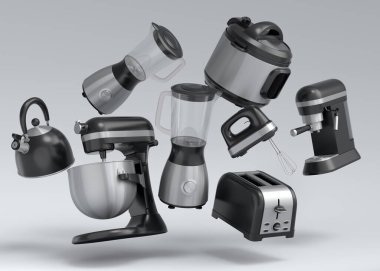 Beyaz arka planda kahvaltı hazırlamak için elektrikli mutfak aletleri ve aletleri. Pişirme, pişirme, karıştırma ve kırbaçlama için 3D mutfak gereçleri