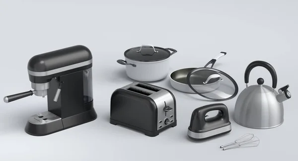 Электрическая Кухонная Техника Посуда Приготовления Завтрака Белом Фоне Визуализация Кухонной — стоковое фото