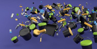 Birçok uçan plastik kutu ya da boya silindirli kova menekşe arkaplan fırçası. 3D yenileme konsepti ve iç tasarım
