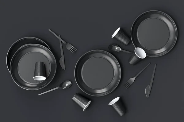 一套一次性器皿 如盘子 刀和杯子 背景为单色 3D使拯救地球和零废物的概念 — 图库照片