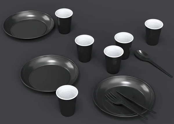 Set of disposable utensils like plate, folk, spoon,knife and cup on monochrome background. 3d render concept of save the earth and zero waste