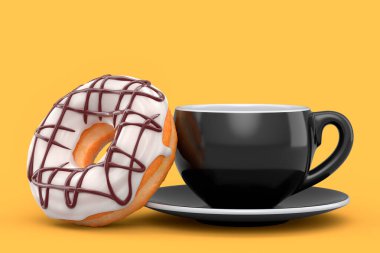 Cappuccino, americano, espresso, mocha, latte, sarı arka planda donutlu kakao için seramik kahve fincanı. Geri dönüşüm ambalajı ve çöreğinde 3D konsept paket ve içecek.