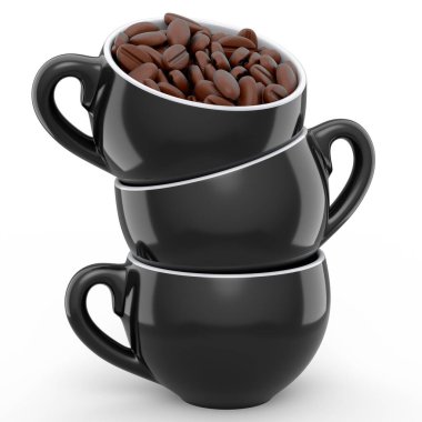 Ceramic coffee cup with coffee beans for cappuccino, americano, espresso, mocha, latte, cocoa on white background. 3d render of concept takeaway food and drink in recycling packaging and donut