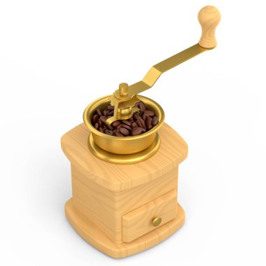Beyaz arka planda kahve çekirdekleri olan el yapımı ahşap kahve öğütücüsü. 3D kahve üretimi kavramı ya da ev kahvecisi tasarım şablonunda espresso yapmak