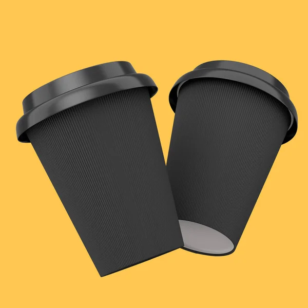 一套纸制咖啡杯 盖有卡布奇诺咖啡 美洲咖啡 浓缩咖啡 摩卡咖啡 拿铁咖啡 可可可豆和黄底咖啡 循环包装中概念外卖食品和饮料的3D渲染 — 图库照片