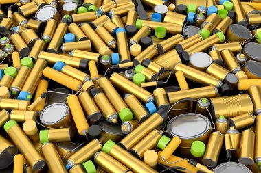 Altın arka planda sprey boya kutuları. 3 boyutlu sprey boya şişesi ve beyaz arka planda izole edilmiş sprey boya kutusu. 3D render sprey boya şişesi ve şeker kutusu.