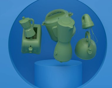 Monokrom arka planında mutfak aletleri ve aletleri olan soyut bir sahne ya da podyum. Ürün sunumu için 3d görüntü oluşturma veya ürünü sahnede, kaidede veya platformda gösterme