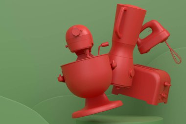 Monokrom arka planında mutfak aletleri ve aletleri olan soyut bir sahne ya da podyum. Ürün sunumu için 3d görüntü oluşturma veya ürünü sahnede, kaidede veya platformda gösterme