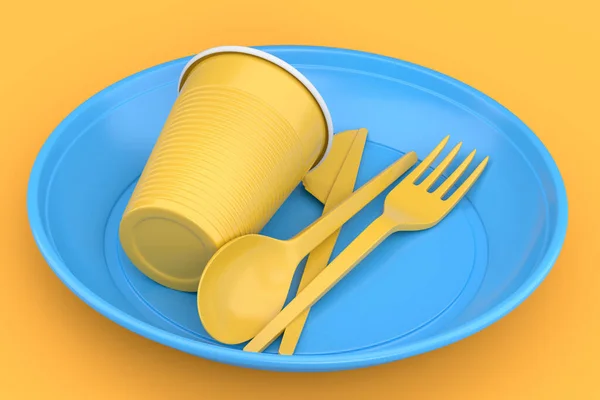 Комплект Одноразовой Посуды Тарелка Народная Ложка Нож Чашка Желтом Фоне — стоковое фото
