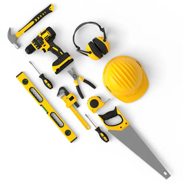 Beyaz arka planda onarım ve kurulum için sarı inşaat araçlarının uçuş görüntüsü. Tesisatçı ya da tamirci için 3D tasvir ve hizmet afişi