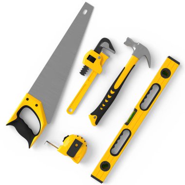 Beyaz arka planda onarım ve kurulum için sarı inşaat araçlarının uçuş görüntüsü. Tesisatçı ya da tamirci için 3D tasvir ve hizmet afişi