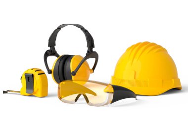 Beyaz arka planda onarım ve kurulum için sarı inşaat araçlarının uçuş görüntüsü. Tesisatçı ya da tamirci için 3D tasvir ve hizmet afişi